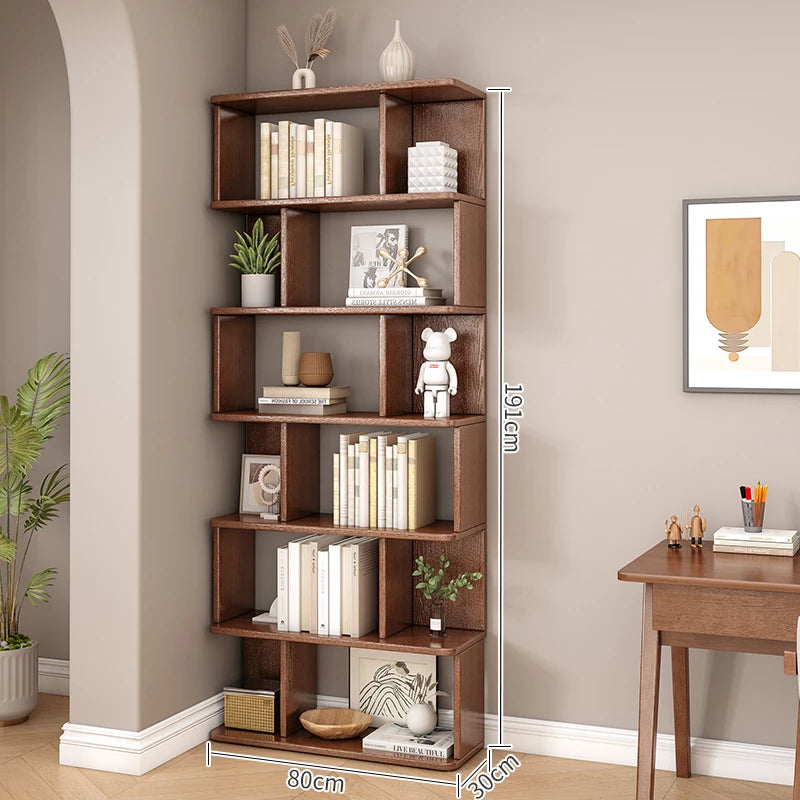 6 Tier Geometric Bookcase, Bookshelf Book Cabinet, Solid Wood Bookcase Freestanding Decorative Storage Shelving 75'' Tall Bookshelf