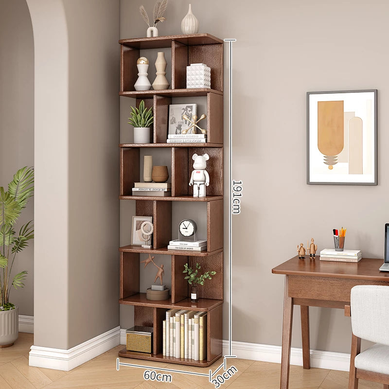 6 Tier Geometric Bookcase, Bookshelf Book Cabinet, Solid Wood Bookcase Freestanding Decorative Storage Shelving 75'' Tall Bookshelf