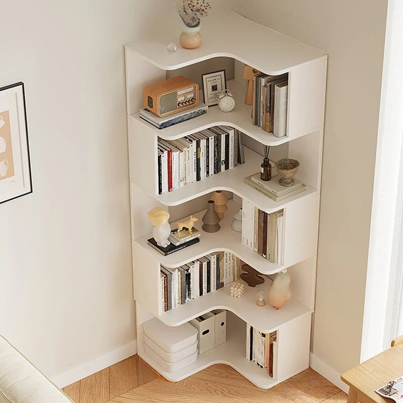 Modern Vertical Bookshelf with Corner, Corner Bookshelf Solid Wood Floor Bookcase with Shelves