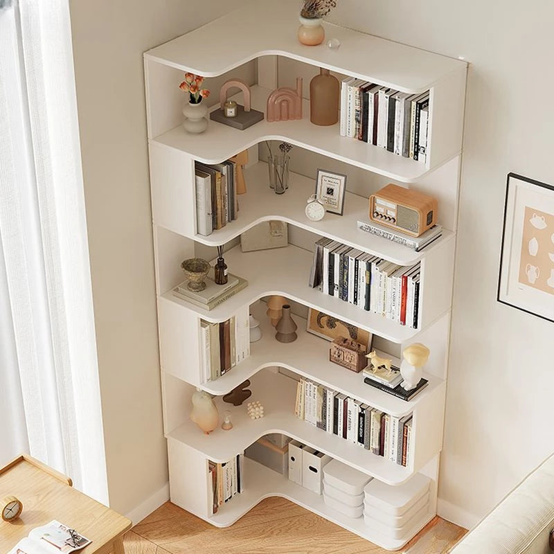 Modern Vertical Bookshelf with Corner, Corner Bookshelf Solid Wood Floor Bookcase with Shelves