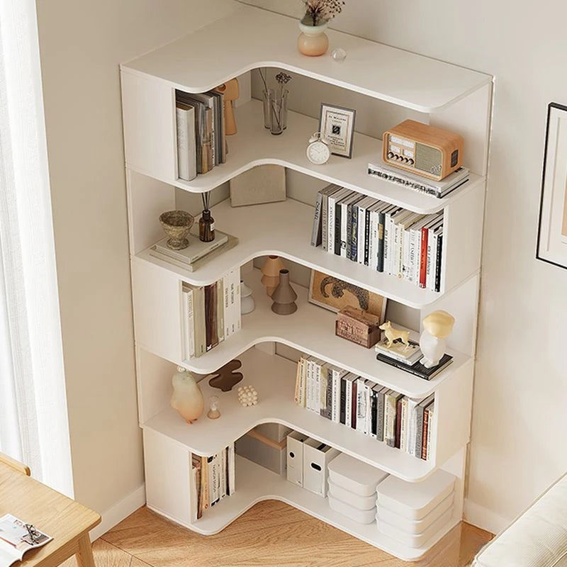 Modern Vertical Bookshelf with Corner, Corner Bookshelf Solid Wood Floor Bookcase with Shelves